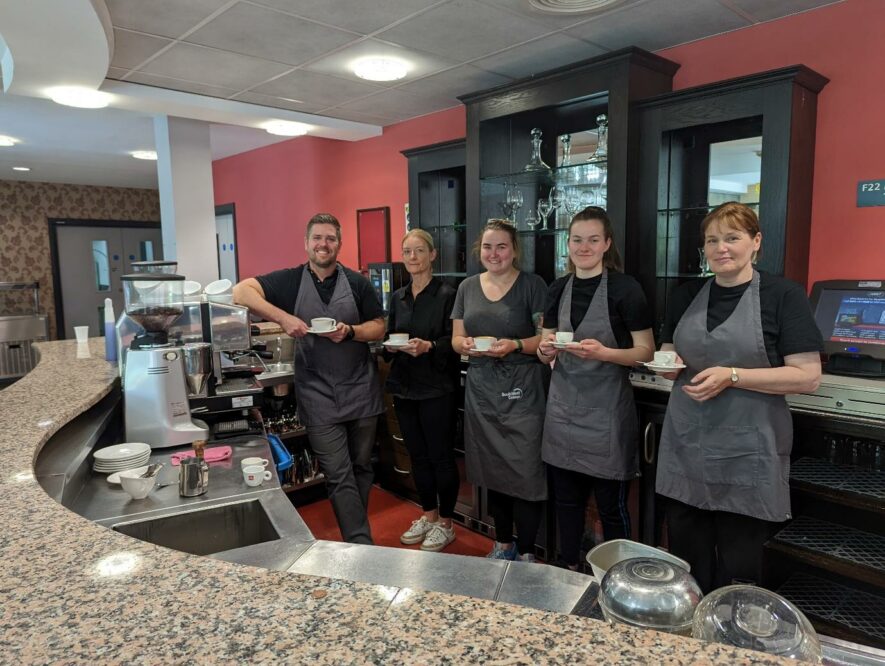 A group of SWC’s first ever Barista course with freshly made coffee at Etcetera Restaurant, Dungannon campus