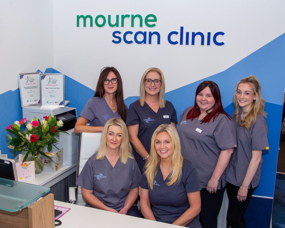 Front - Director Lisa Hughes/Lead Sonographer with receptionist Patricia O’Hare, Back Collette McDonald Sonographer, with staff members Aileen Hughes, Patricia O’Hare, Practice Manager Louise McParland and Grace Hughes, receptionist.