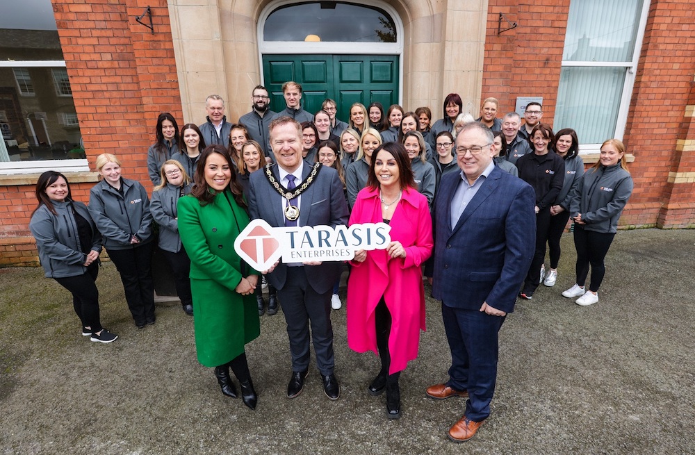 Tarasis Enterprises, comprised of four key business divisions focused on healthcare, support services, housing and renewables, was officially launched under a new brand identity today Wednesday 22nd March 2023, streamlining operations to meet new five-year growth goals. With offices in Belfast, Dublin, Sligo and Armagh, the 28-year-old company, which has invested more than £10 million in the housing and renewables sectors over the last number of years, also revealed plans to invest a further £10 million across all its divisions. Pictured (left to right) are; Caroline Rafferty, Managing Director, Tarasis Enterprises; Lord Mayor of Armagh City, Banbridge & Craigavon Borough Council, Councillor Paul Greenfield; Mairead Mackle, CEO and Founder, Tarasis Enterprises; and Gerald Mackle, Executive Director, Tarasis Enterprises.