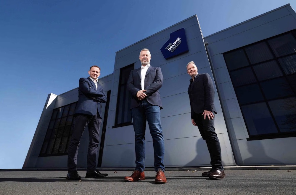 Deluxe Group director Colm Connolly (left) with fellow director Colm O’Farrell and executive chairman Richard Hill. Photograph: Kelvin Boyles