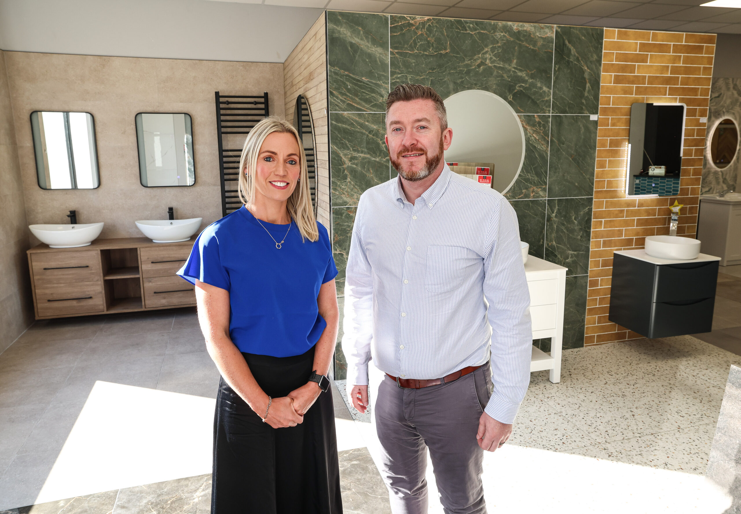 Peter Dunlop, Managing Director of Bathshack with Paula Owens, Senior Business Manager at Danske Bank at Bathshack’s new Shore Road showroom.