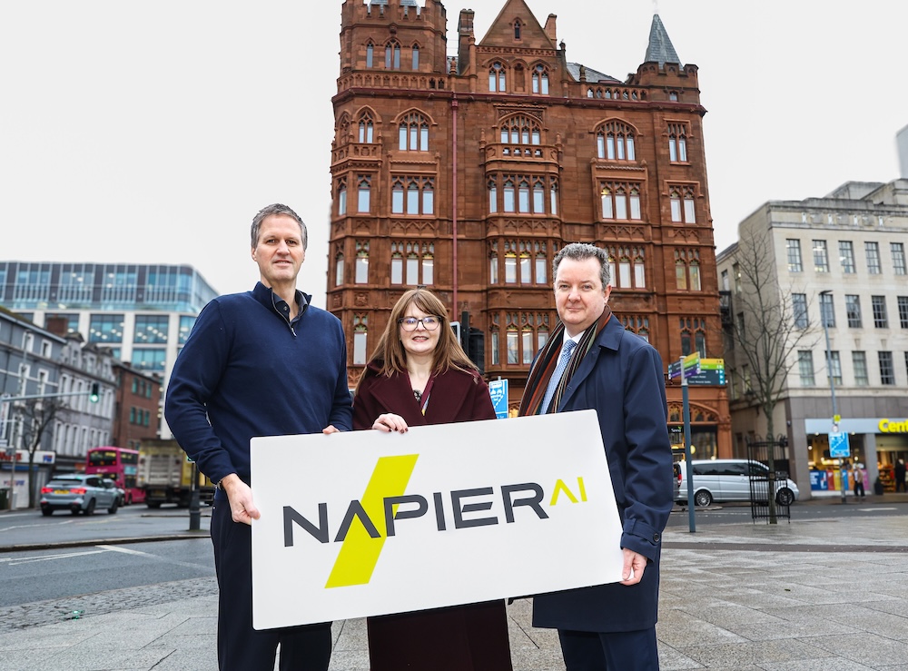 ictured in Belfast as London based Napier AI announces it is to create over 100 jobs in the north are (L-R) Greg Watson, CEO of Napier AI, Economy Minister Caoimhe Archibald and Kieran Donoghue, CEO of Invest NI.